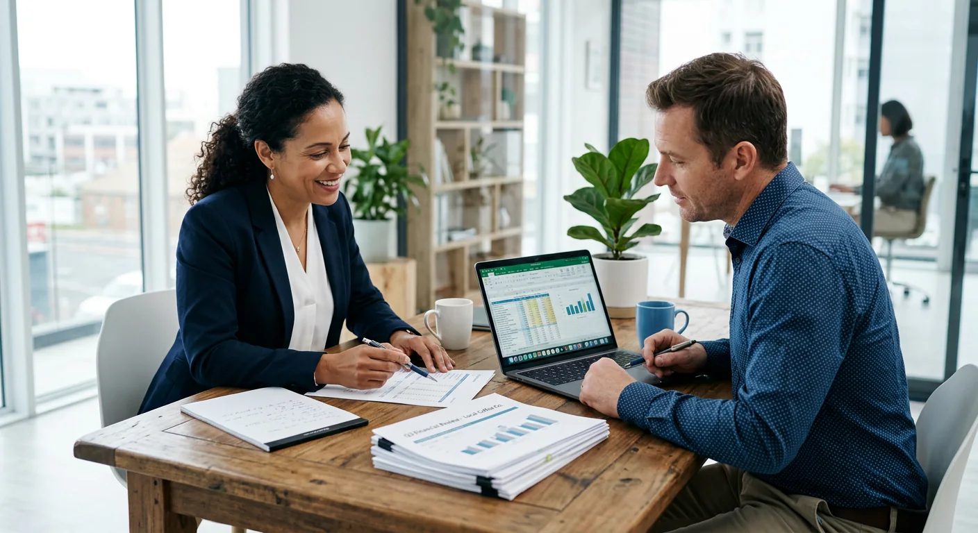 A HAAS accountant reviewing financial reports with a business owner at an office desk